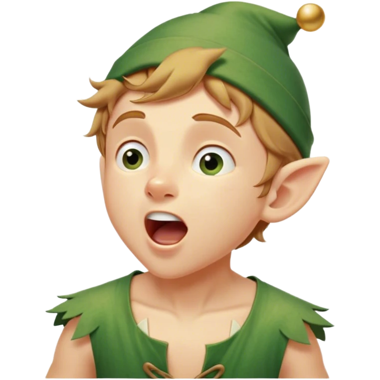 Cinematic Realistic Peter Pan Portrait, head tilted slightly with a dramatic, wide-open yawn, revealing a relaxed yet spirited expression. His detailed tunic and cap, paired with a gentle, ambient glow, capture a tender moment of vulnerability amidst his eternal quest for adventure. emoji