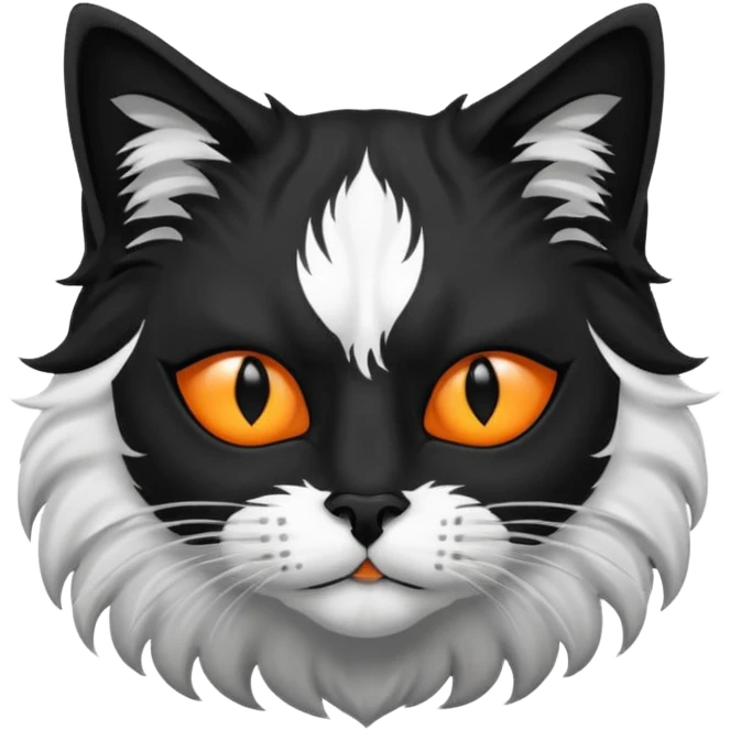 black and white long hair cat. black nose. black splotch near nose on the right side. black mask. white chest.  emoji