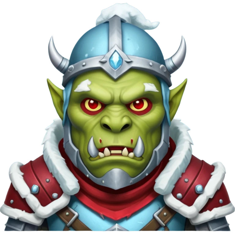 
Fantasy Christmas orc legion soldier icon, iron tundra army theme, heavy winter armor, disciplined brutal look, icy blue steel armor with deep crimson accents, frozen metal texture, cold winter atmosphere, male variant emoji