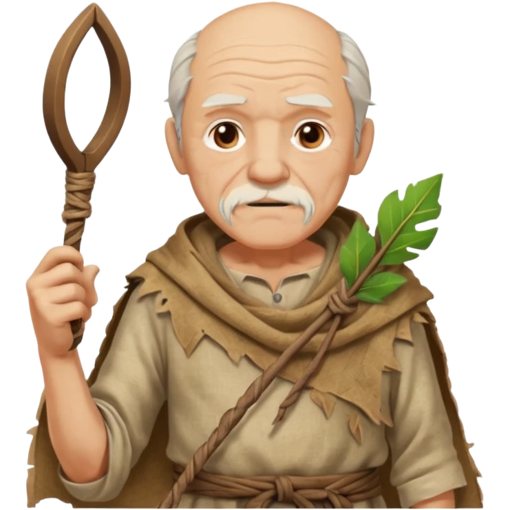 ancient old man, tattered leaf cloth, hold the slingshot emoji