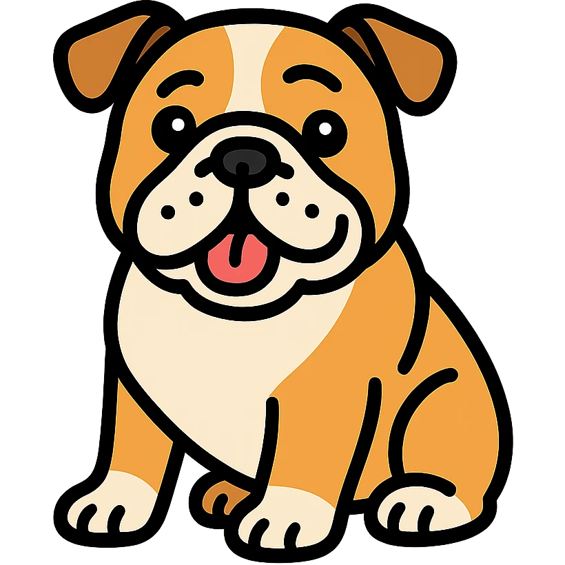 English bulldog, sitting pose, playful look, clear outlines, color icon style emoji