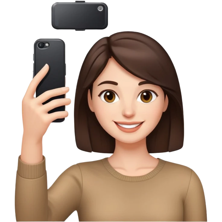 Brunette woman smiling while taking a selfie emoji