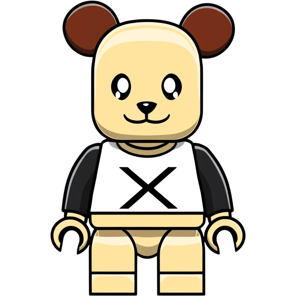 blocky Lego style bearbrick with X eyes, Lego brick joints, streetwear style, brand logos emoji
