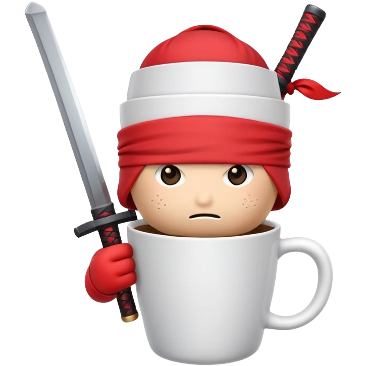 A disposable coffee cup character with a face, wearing a red ninja headband tied around the top and gripping a katana sword emoji