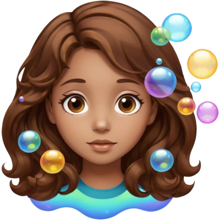girl with brown wavy hair in a side part with big brown eyes looking off to the side with bubbles on both sides of her emoji