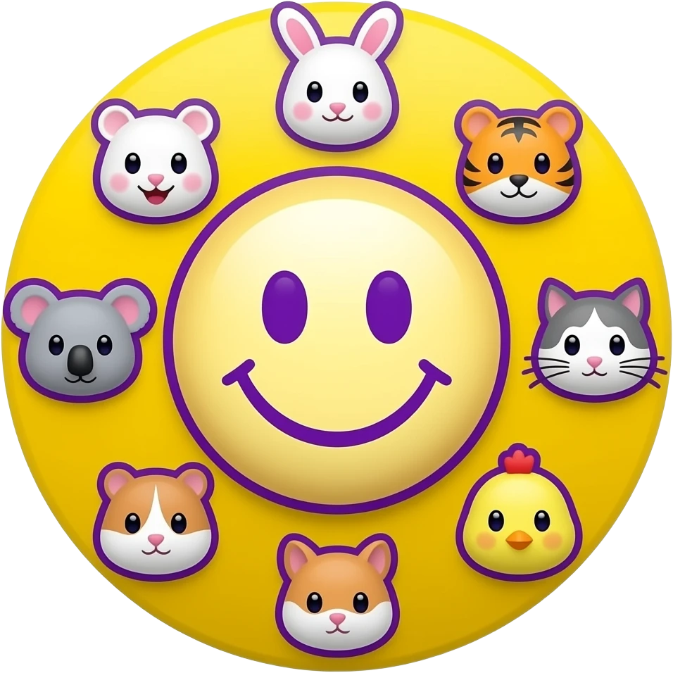 Same with this design.Yellow Smiley in the centre. The smiley  with white and purple background, circle form ,serrounded by the head only of these symbols: 🐰🐯🐨🐈🐹🐿🐥 Smaller size. Bright yellow background, bright purple outlines emoji