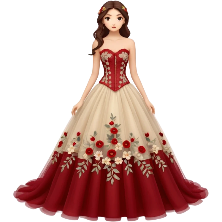 A luxurious strapless A-line wedding gown featuring a sheer lace corset bodice with structured boning, intricate floral embroidery, and a flowing layered tulle skirt adorned with delicate 3D floral appliqués for a soft, romantic, fairytale look. emoji