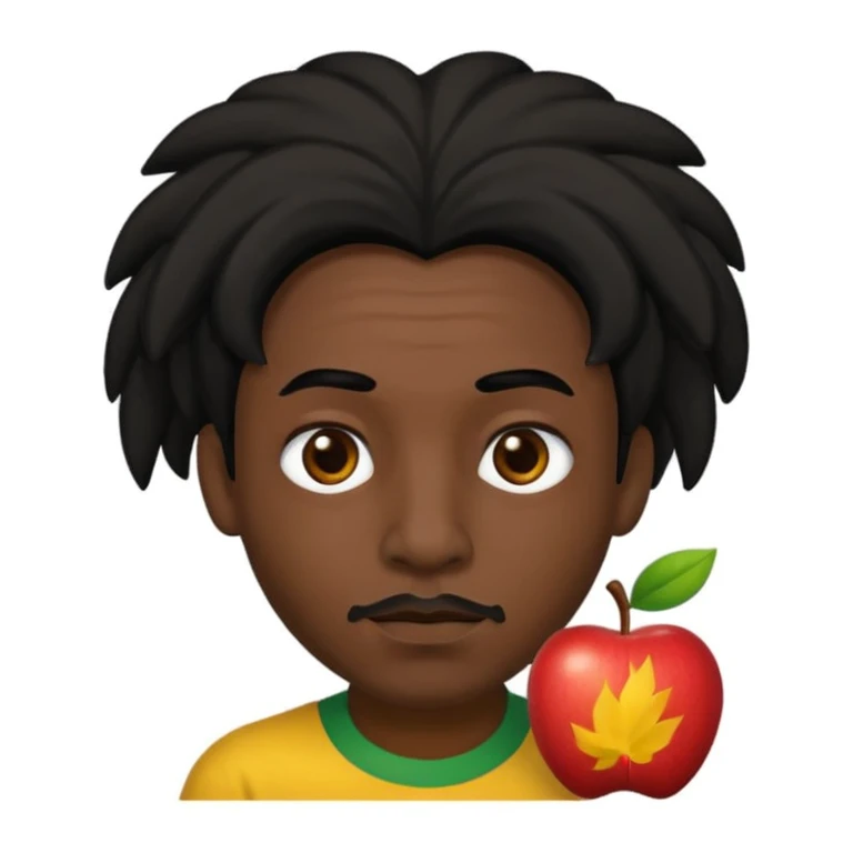 a man with black skin, black hair, black eyes, black eyebrows, black nose, brown lips, and rasta hair, apple emoji style, no text, neutral expression emoji