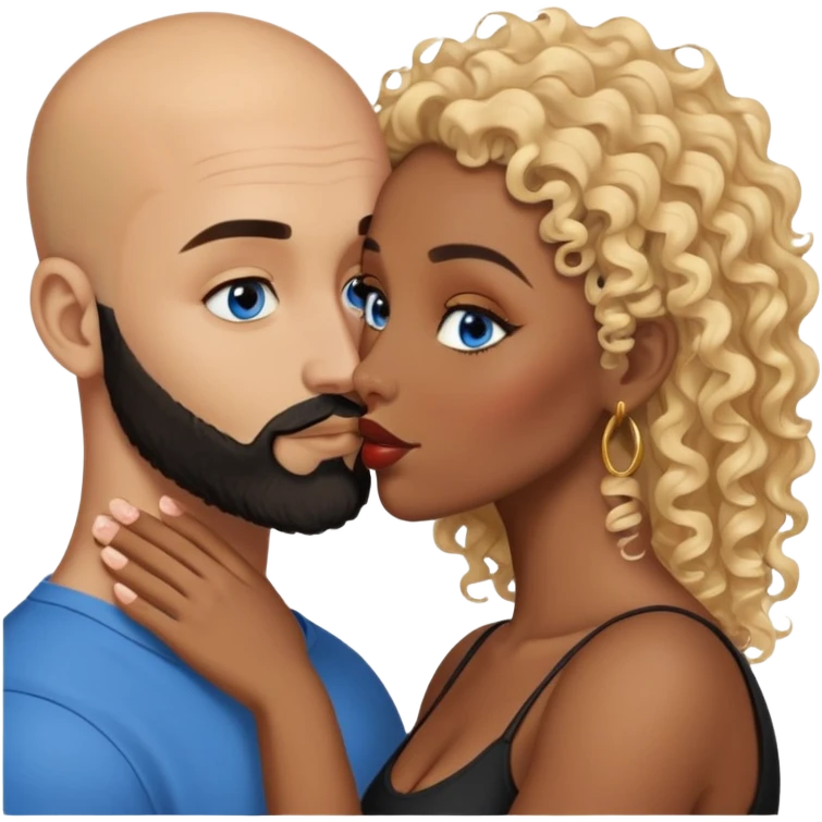 bald head man with brown eyes and black beard kissing African woman with blue eyes and curly blonde hair emoji