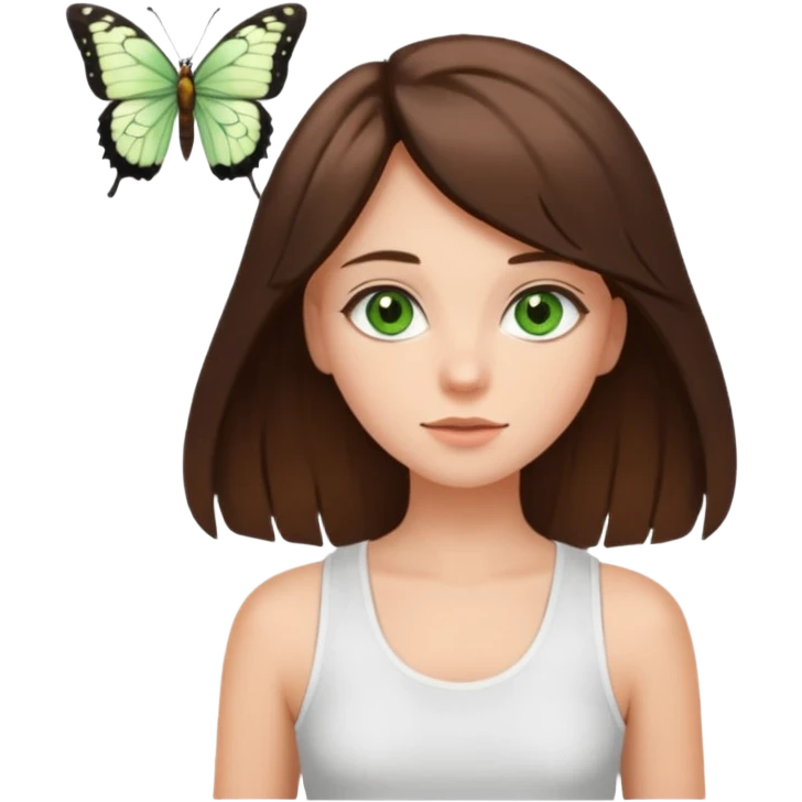 girls with long brown hair, green eyes, a white tank top, and a butterfly haircutbrunette girl with green eyes emoji