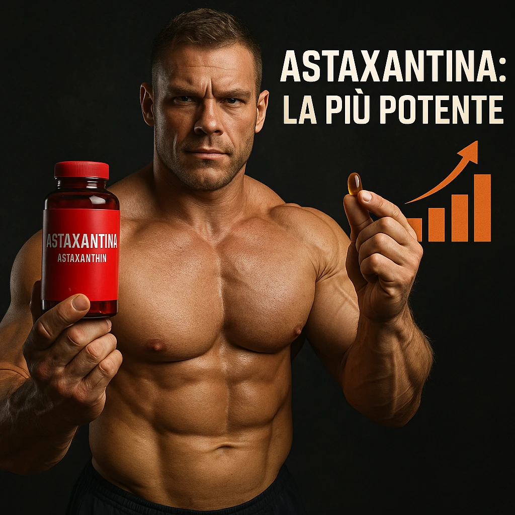 hyper realistic bodybuilder showing red bottle of Astaxantina, orange and golden capsule, bar chart, text 'Astaxantina: la più potente', motivational atmosphere emoji