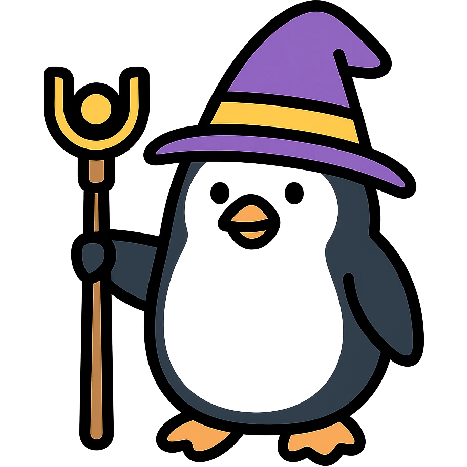 color outline icon of a penguin wizard with a staff emoji