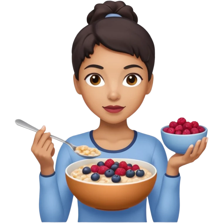 Mixed-race athletic woman with caramel skin, slim thick, holding a bowl of oatmeal with berries, pastel tones emoji