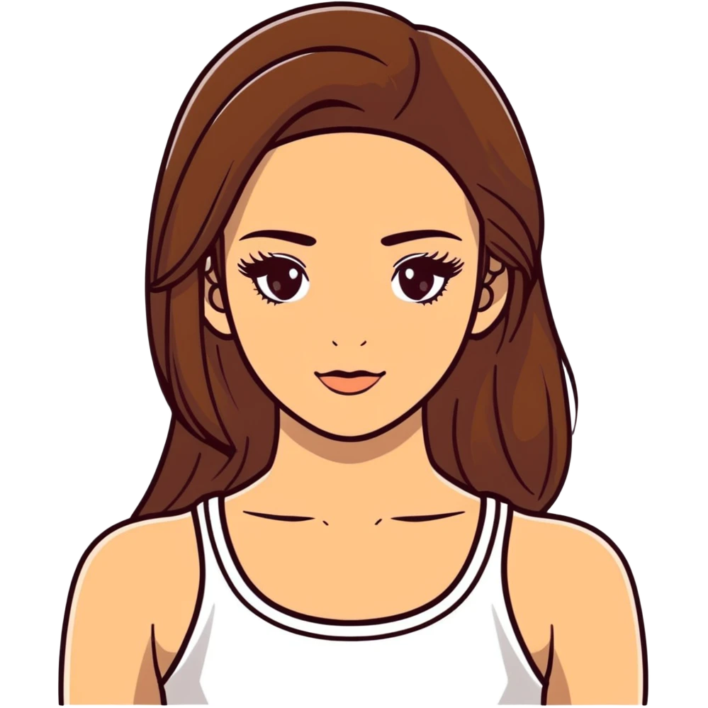 beautiful girl, long straight brown hair, brown eyes with lashes, wearing a white crop top, tan skin emoji