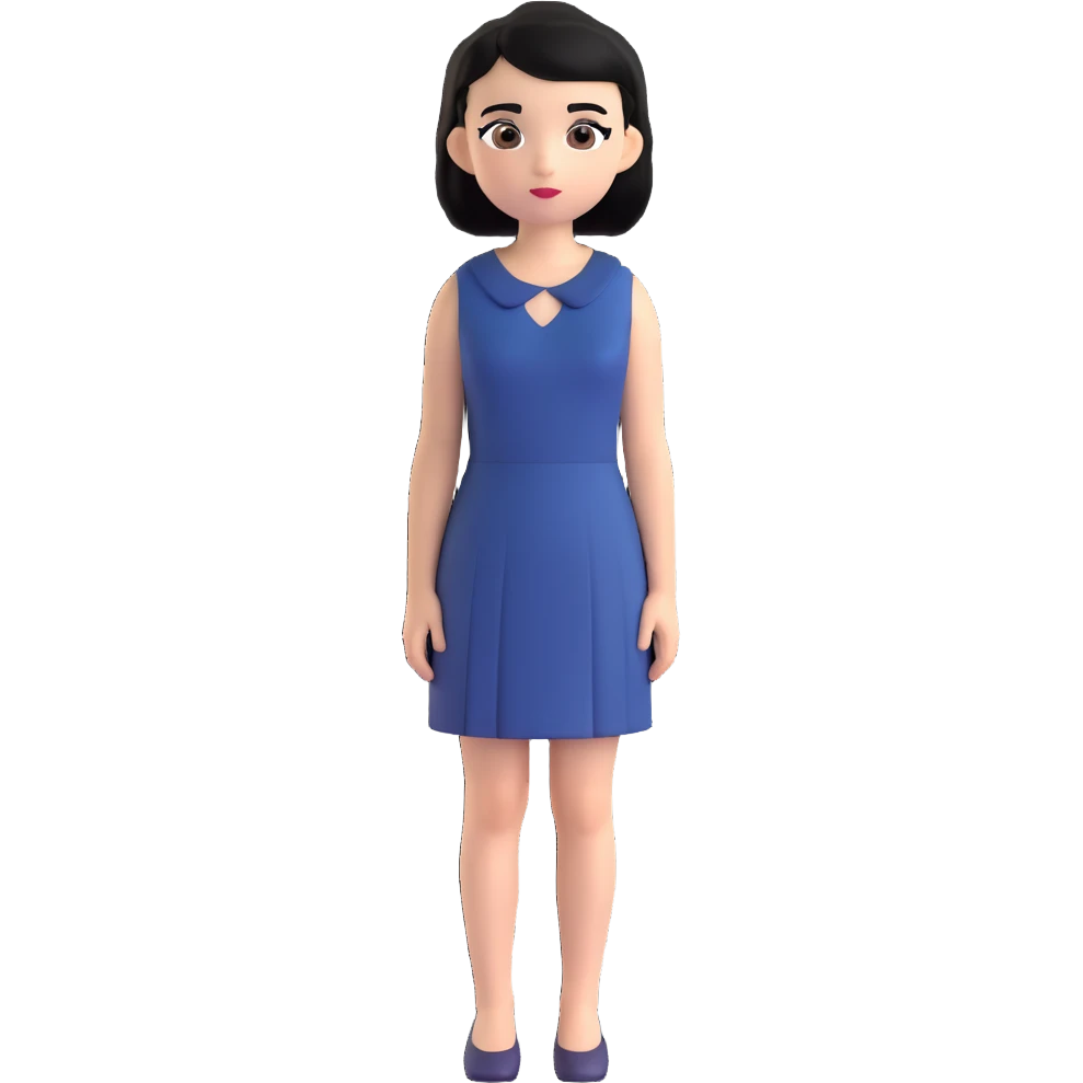 A girl with black hair, dark brown eyes, a beautiful face, short, straight hair to the shoulders, and a navy blue dress. emoji