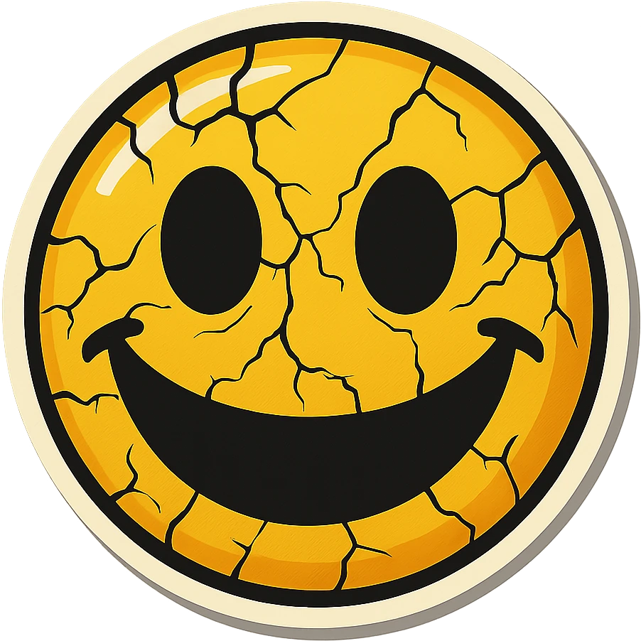 creepy emoji with cracks, empty eyes and wide smile, retro stickers style, sharp black outlines, clear shadows and highlights, no gradients emoji