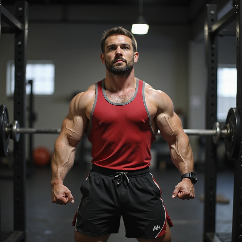 Powerlifter in competition clothing, showing prominent knee scar, determined look, comeback after injury atmosphere, realistic details, gym background. emoji