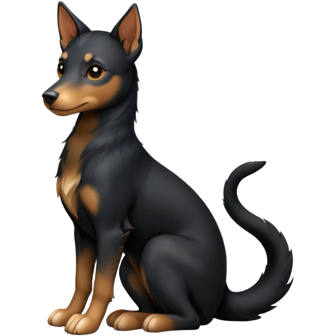 cinematic-[kelpie]-realistic-full-body-sitting-emoji,-tail-resting-loosely-beside-its-paws,-head-tilted-dramatically, -sleek-[Black and tan]-fur,-simplified-yet-realistic-focused-features,-highly-detailed,-glowing-with-an-almost-sarcastic-glow emoji