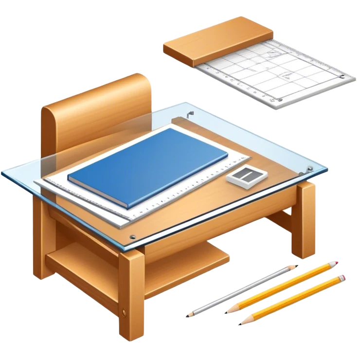 Icon for Furniture Design: a furniture drawing with 3D models of furniture pieces placed on top, accompanied by rulers and a pencil. The icon should represent the design process with focus on precision and modeling. Transparent background. emoji