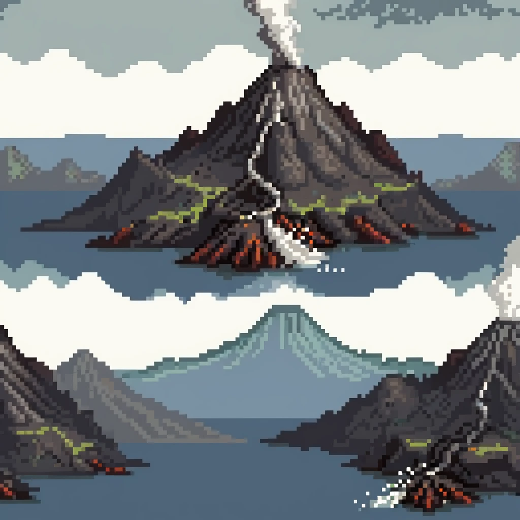 Volcanic island with multiple erupting peaks and ash clouds emoji