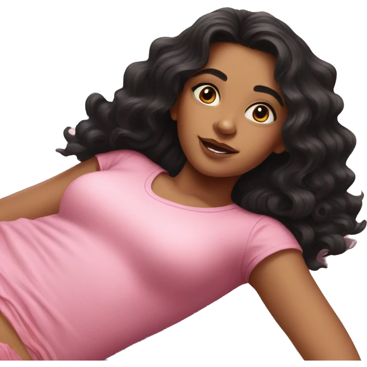 realistic portrait of girl with wavy black hair wearing a pink top lying down emoji