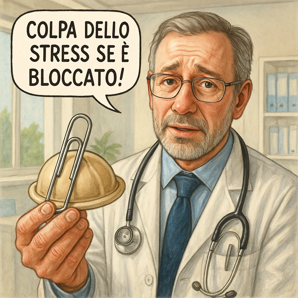 hyper realistic doctor showing a diaphragm locked with a large paperclip, empathetic expression, comic with the phrase 'Colpa dello stress se è bloccato!', realistic details, bright medical office emoji