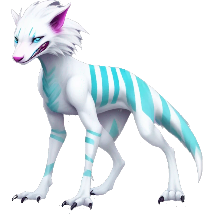 White badass elegant wild beautiful natural cute badass epic anthro modern albino sergal-vernid-creature with cyan mane and magenta eyes with cyan edgy stripes, full body, blue pretty hair, outside, modern, aesthetic, art by LiLaiRa, art by art by Falvie emoji