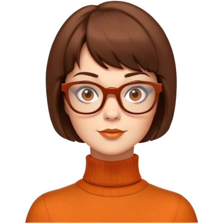 velma dinkley short brunette hair, brown eyes, square glasses and orange turtle neck from scooby doo  emoji