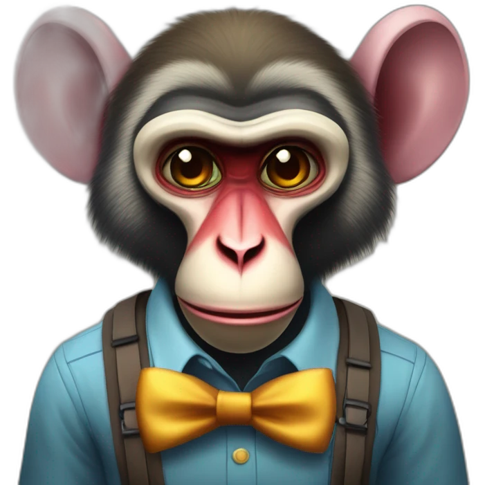 Funny Mandrill with a human look wears a shirt and Suspenders in the shirt neck a butterfly like a clown emoji