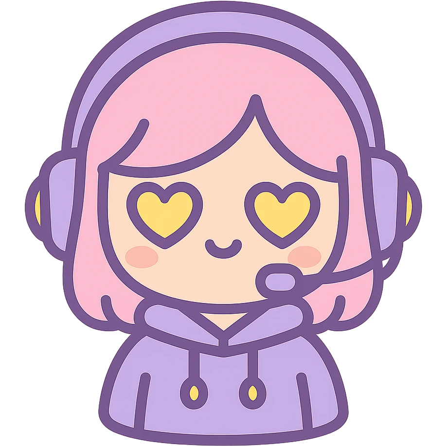 cute streamer girl emoji, purple hoodie, yellow accents, heart-shaped eyes, kawaii inspired emoji