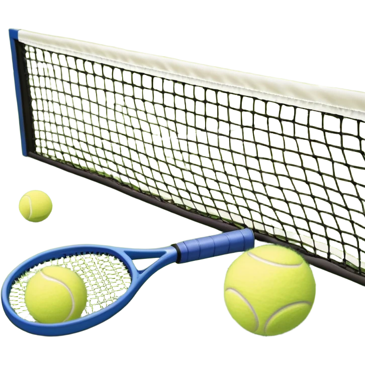 A tennis racket and ball positioned on a grass court, with the net and lines clearly visible in the background. The scene emphasizes the classic elements of the sport, capturing the energy and precision of a tennis match. emoji