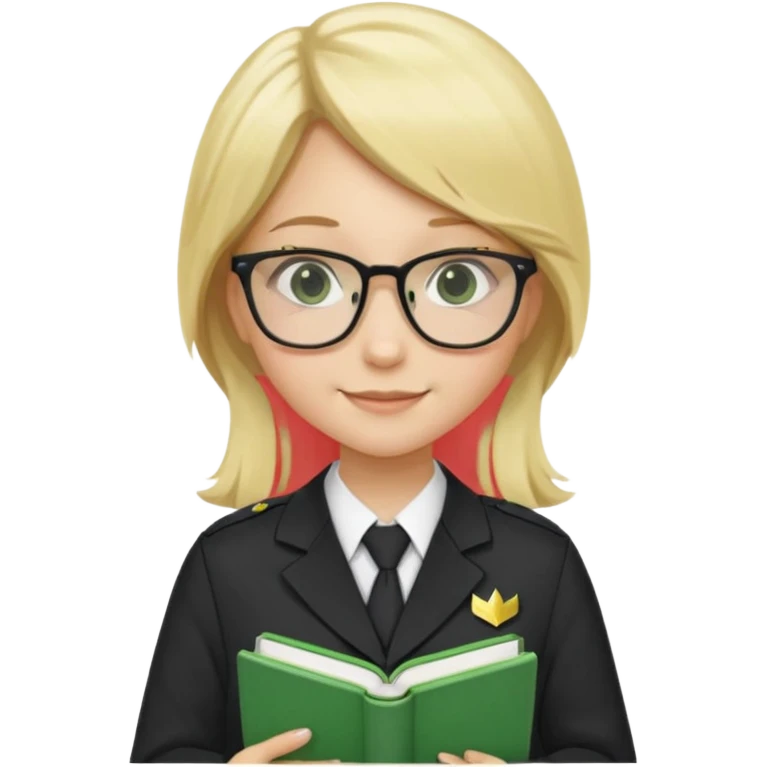 Girl student wearing uniform, glasses, hold green book in front of their chest, blonde long straight hair, white skin emoji