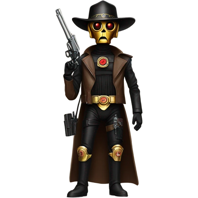 battle rough and tough bounty hunter c3Po wearing Satan’s leather biker outfit with guns and wide-brim hat on head. walking emoji