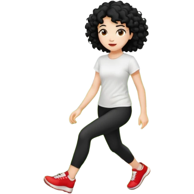 generate a pretty bratz fair skinned girl with curly black hair wearing a white tshirt trekking on a hill with red sneakers on and black leggings emoji