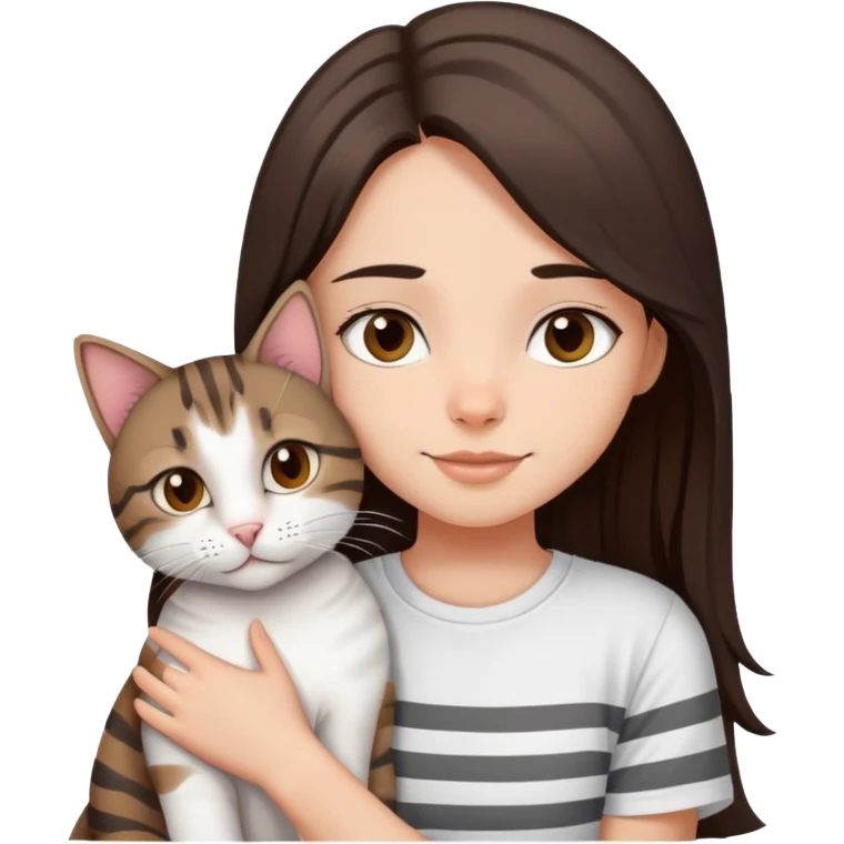 a girl with long dark brown hair, in a
white T-shirt and brown eyes, hugs a tabby
dark grey and white strips one cat emoji