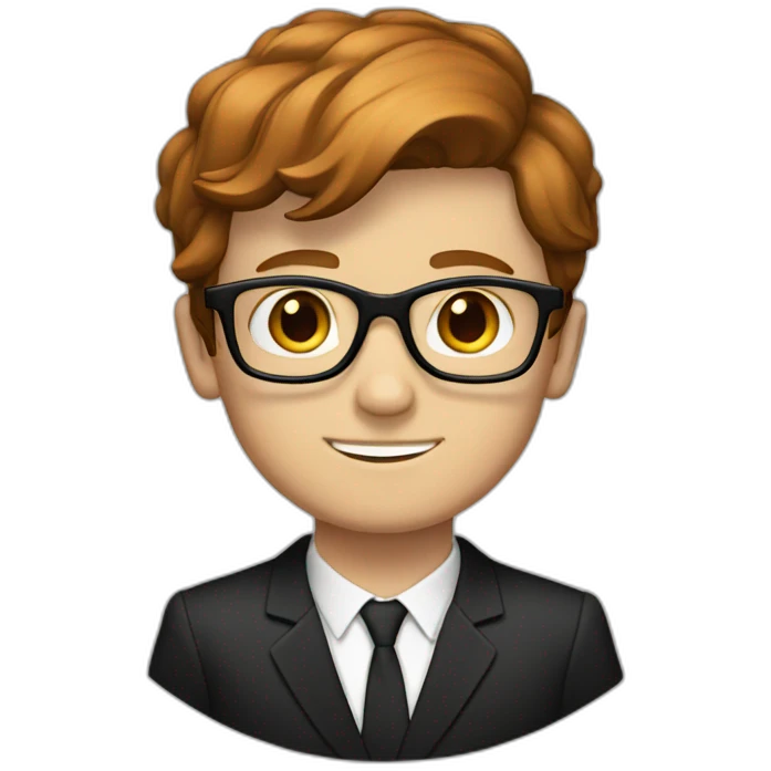 a white boy with square glasses with short brown reddish hair wearing a suit and black shoes emoji
