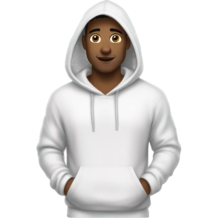 An emoji of a handsome man wearing a white hoodie, with the hood down, showing his hair, and standing confidently with a relaxed expression emoji