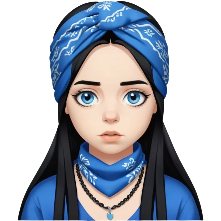 billie eilish blue eyes long black hair dark eyeliner makeup, wearing bandana emoji