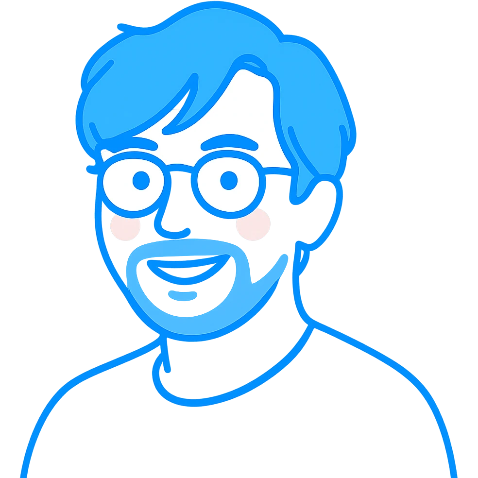 A man with round glasses, artfully messy longer hair with stylish sweeping bangs, a round but defined face shape, and a broader nose. Use vibrant sky blue for all the outlines and features, a touch of pink highlights only on the cheeks, and gray exclusively for the short beard and necessary shadows. emoji