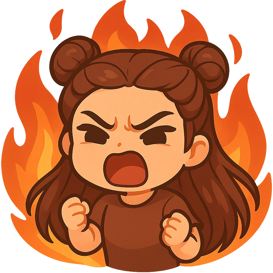 Create a chibi sticker of a girl with double bun hairstyle, same face and clothes as the previous stickers, angry and screaming with a furious expression, surrounded by flames, no outline, no background. emoji