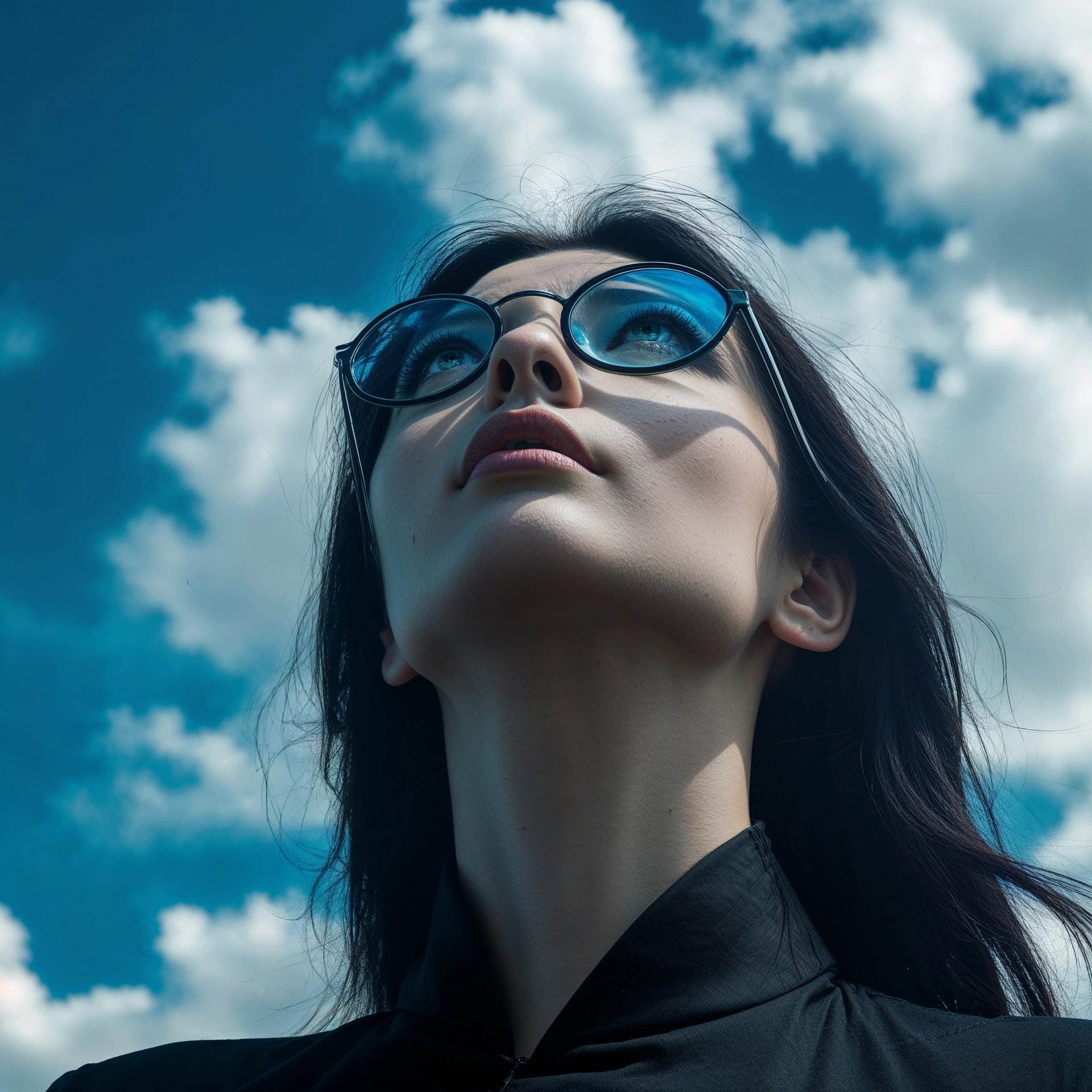 extreme closeup Photo of a beautifull woman with dark hairs and dark uotfit looking up (like villain), orange background, minimalistic, glasses with contrast reflection of blue sky and white clouds  emoji