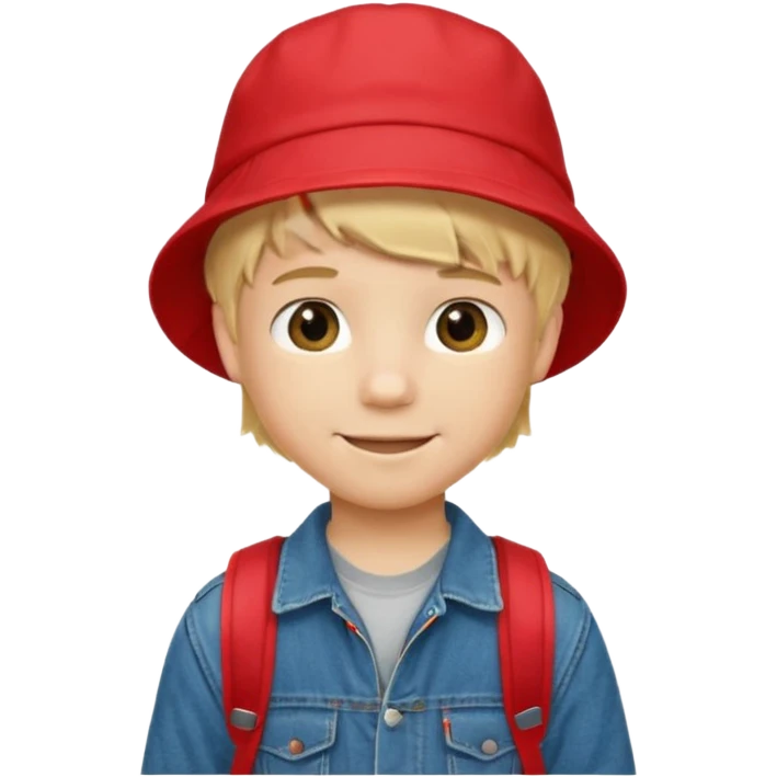 A little boy student, blonde hair, with red bucket hat, jean jacket, backpack emoji