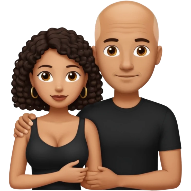 A picture of a tanned couple with the man's arm around her. the man is a Mexican man with tanned skin, a bald hair cut, short beard and wearing a black shirt. the woman is mixed, with mid length curly dark brown hair and with big boobs  emoji