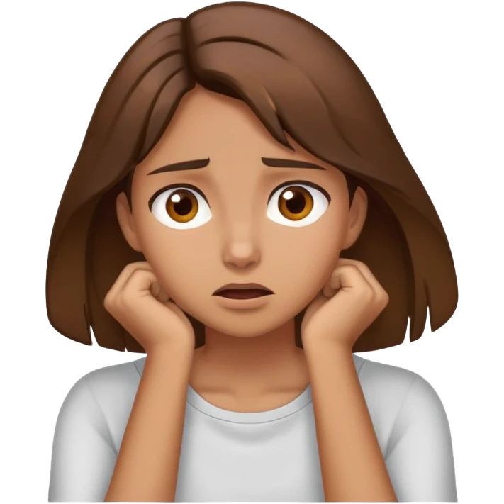 A girl with brown hair and brown eyes with her hands around her neck in frustration  emoji