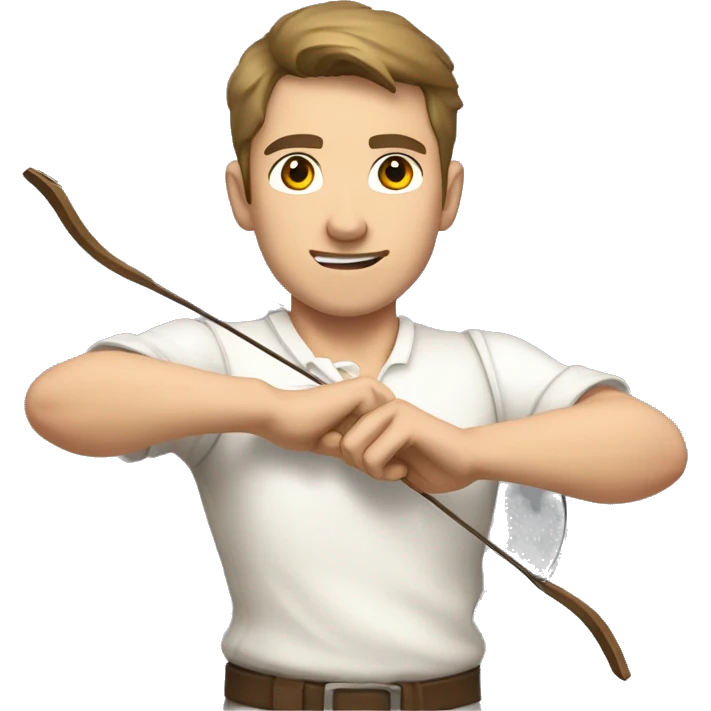 a male archer bending a bow, wearing a white shirt, very short brown hair, bright skin, only show upper part of the body from waist up emoji