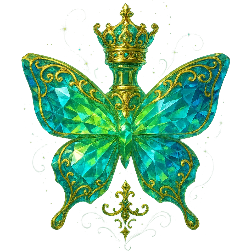 very close to original: crystal luxurious butterfly-shaped bottle with short neck and princess crown, many facets, glowing, light refractions, green (#c0ff53) and blue colors, golden details, more decorations, ornaments, glowing, magical effects, premium class impression, bottle clearly floating in air, no base or shadow, transparent background, beautiful connected bottom emoji