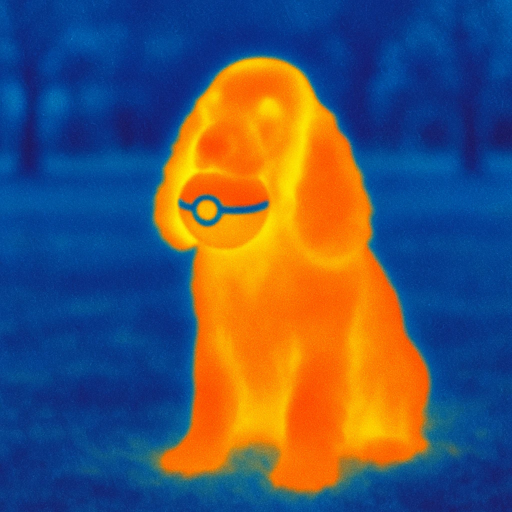 Russian Cocker Spaniel sitting with a Poké Ball in its mouth with a park background emoji
