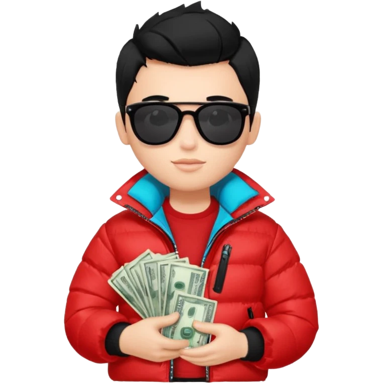 a pretty bratz boy with black hair, holding a bag of money, sunglasses on, red puffer jacket emoji