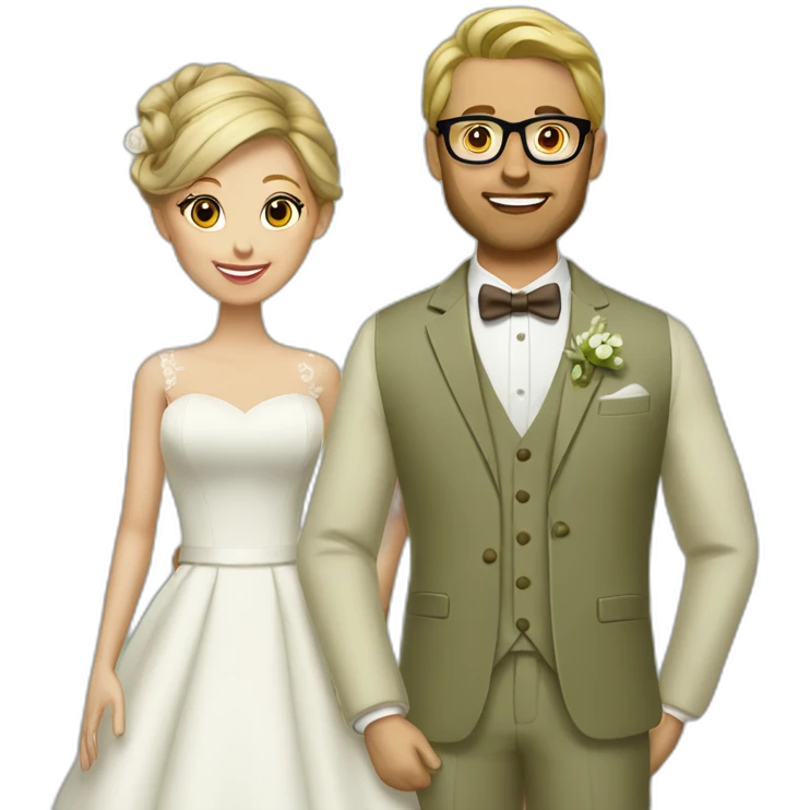 Wedding couple. She has a brown chignon and he has a light olive green suit with a brown vest. He wears glasses and is blond. emoji