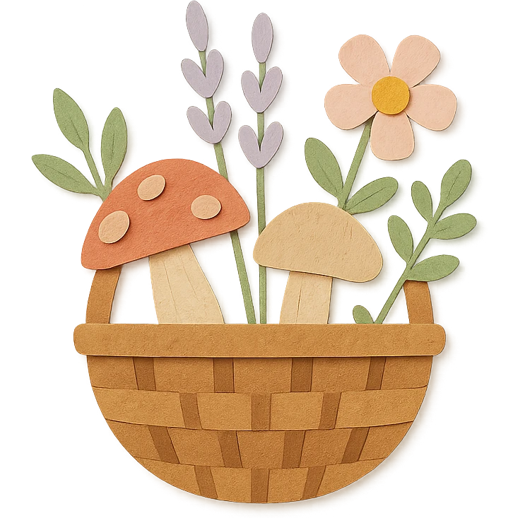 basket full of forest goodies including mushrooms, herbs, flowers in soft pastel colors, paper-craft style emoji
